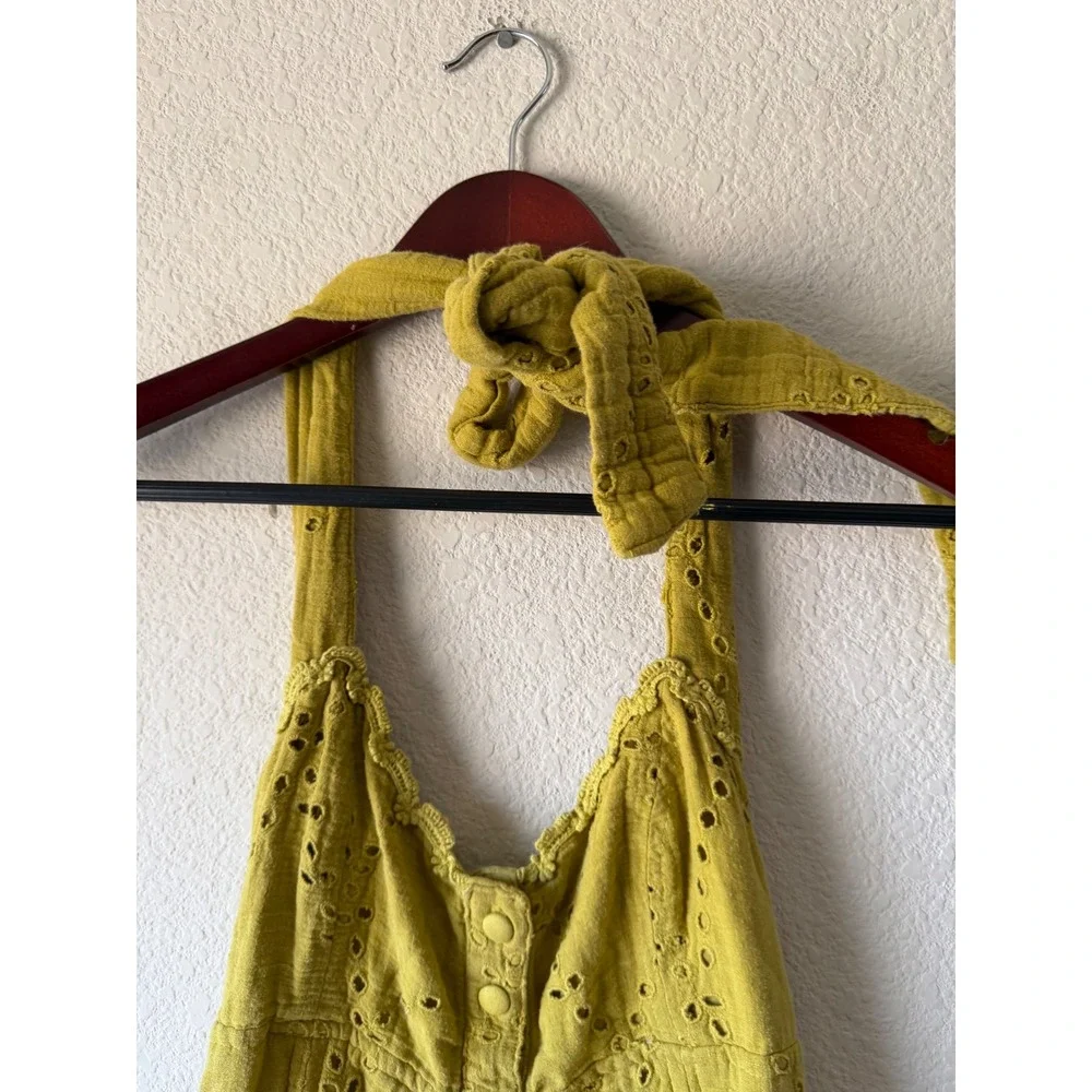 Free People Green Eyelet Lace Halter Midi Dress Button Front Boho size small